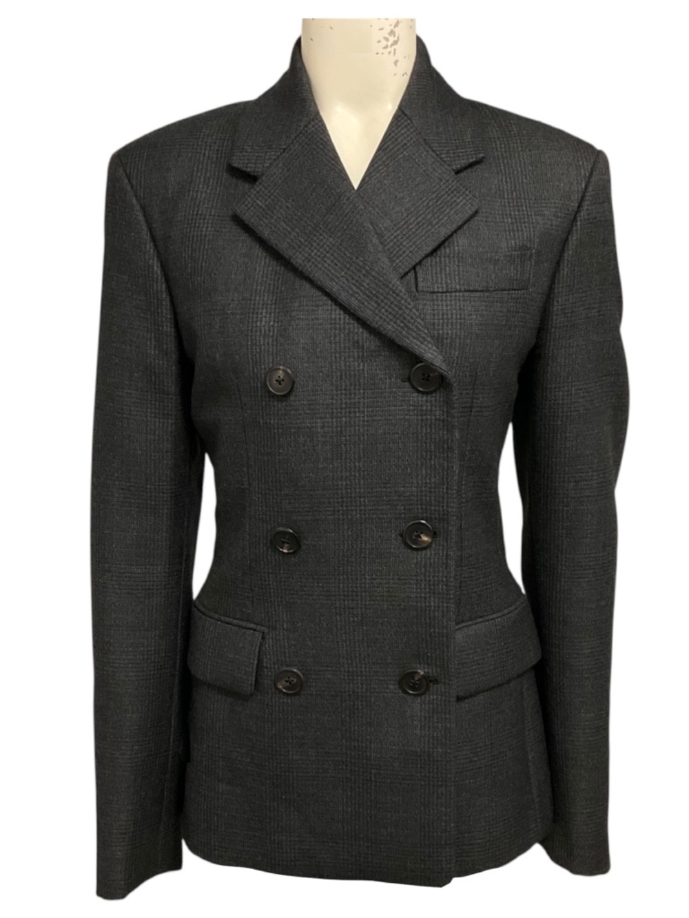 Prada Charcoal Grey Double Breasted Wool Plaid Blazer